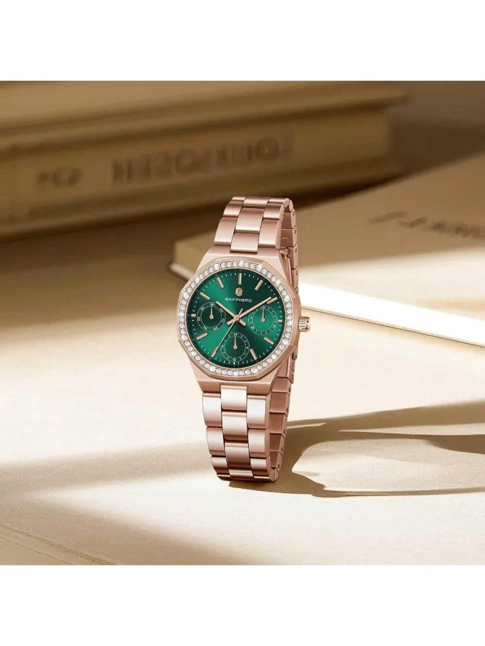 Women's Rose Gold Strap/ Green Round Face Analog Waterproof Elegant Wrist Watch